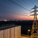 ** A vast electrical grid stretching across the Russian landscape, connecting power plants (coal, gas, hydro) to a brightly lit apartment building at night. Focus on the intricate network of wires and the contrast between energy production and consumption.

**