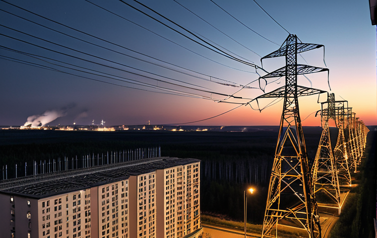 ** A vast electrical grid stretching across the Russian landscape, connecting power plants (coal, gas, hydro) to a brightly lit apartment building at night. Focus on the intricate network of wires and the contrast between energy production and consumption.
**