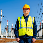 A professional electrical engineer, wearing a safety vest over a modest uniform, standing confidently in a high-tech HVDC converter station. The background showcases massive, humming converter valves and high-voltage transmission lines stretching into a clear, open sky. The scene emphasizes the scale and precision of modern energy infrastructure. perfect anatomy, correct proportions, natural pose, well-formed hands, proper finger count, natural body proportions, professional photography, high quality, safe for work, appropriate content, fully clothed, professional.