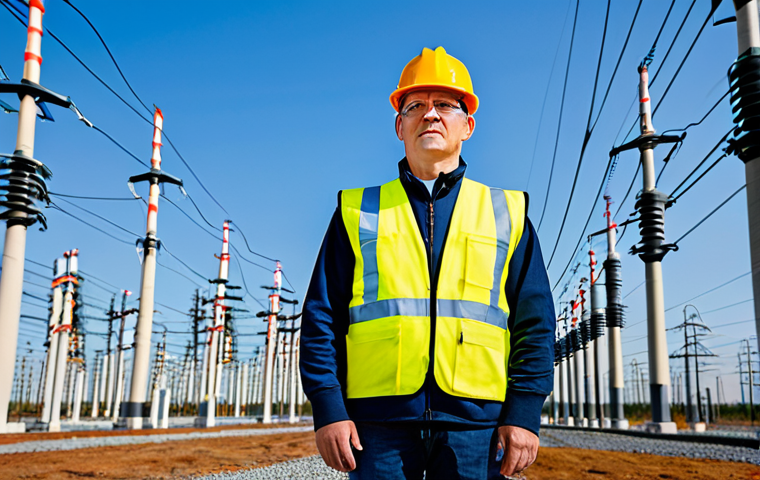 A professional electrical engineer, wearing a safety vest over a modest uniform, standing confidently in a high-tech HVDC converter station. The background showcases massive, humming converter valves and high-voltage transmission lines stretching into a clear, open sky. The scene emphasizes the scale and precision of modern energy infrastructure. perfect anatomy, correct proportions, natural pose, well-formed hands, proper finger count, natural body proportions, professional photography, high quality, safe for work, appropriate content, fully clothed, professional.