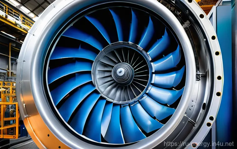 고효율 가스터빈 개발 - Cutting-Edge Gas Turbine Interior**

*   **Subject:** A close-up, dynamic view inside a gleaming, hi...