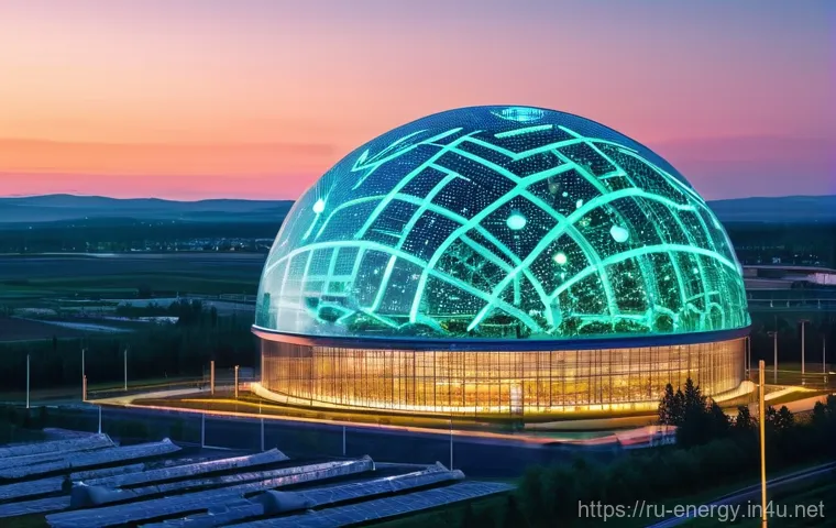 에너지 네트워크 보안 - **Prompt:** "A panoramic view of a modern Russian energy substation at twilight, shielded by a vibra...