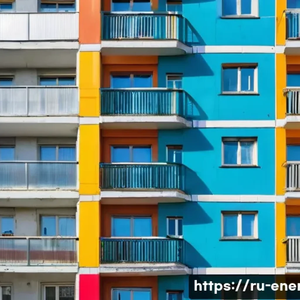 에너지 절약형 건축 기술 - **Prompt:** A vibrant, before-and-after style image of an old, multi-story Soviet-era apartment buil...