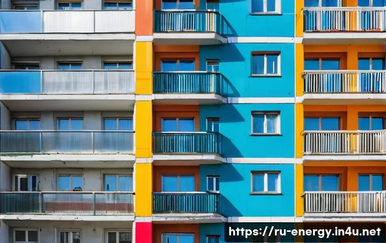 에너지 절약형 건축 기술 - **Prompt:** A vibrant, before-and-after style image of an old, multi-story Soviet-era apartment buil...