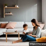 Home 22 에너지 효율성 향상 기술 - **Prompt:** A cozy, modern living room filled with soft, warm light from energy-efficient LED fixtur...