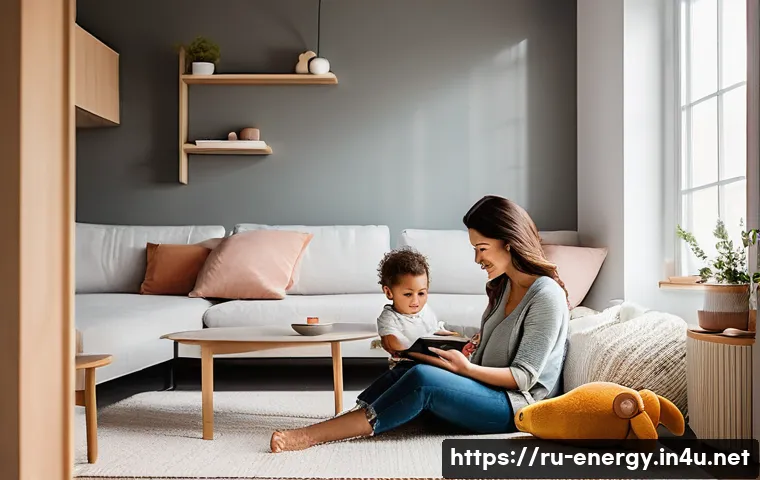 에너지 효율성 향상 기술 - **Prompt:** A cozy, modern living room filled with soft, warm light from energy-efficient LED fixtur...