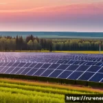 Home 20 탄소 중립 기술 전략 - A modern Russian solar farm at sunrise, featuring rows of sleek solar panels stretching across a vas...