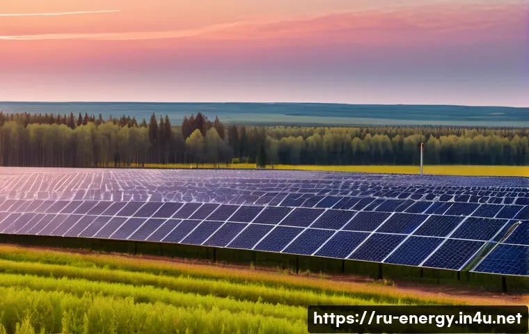 탄소 중립 기술 전략 - A modern Russian solar farm at sunrise, featuring rows of sleek solar panels stretching across a vas...